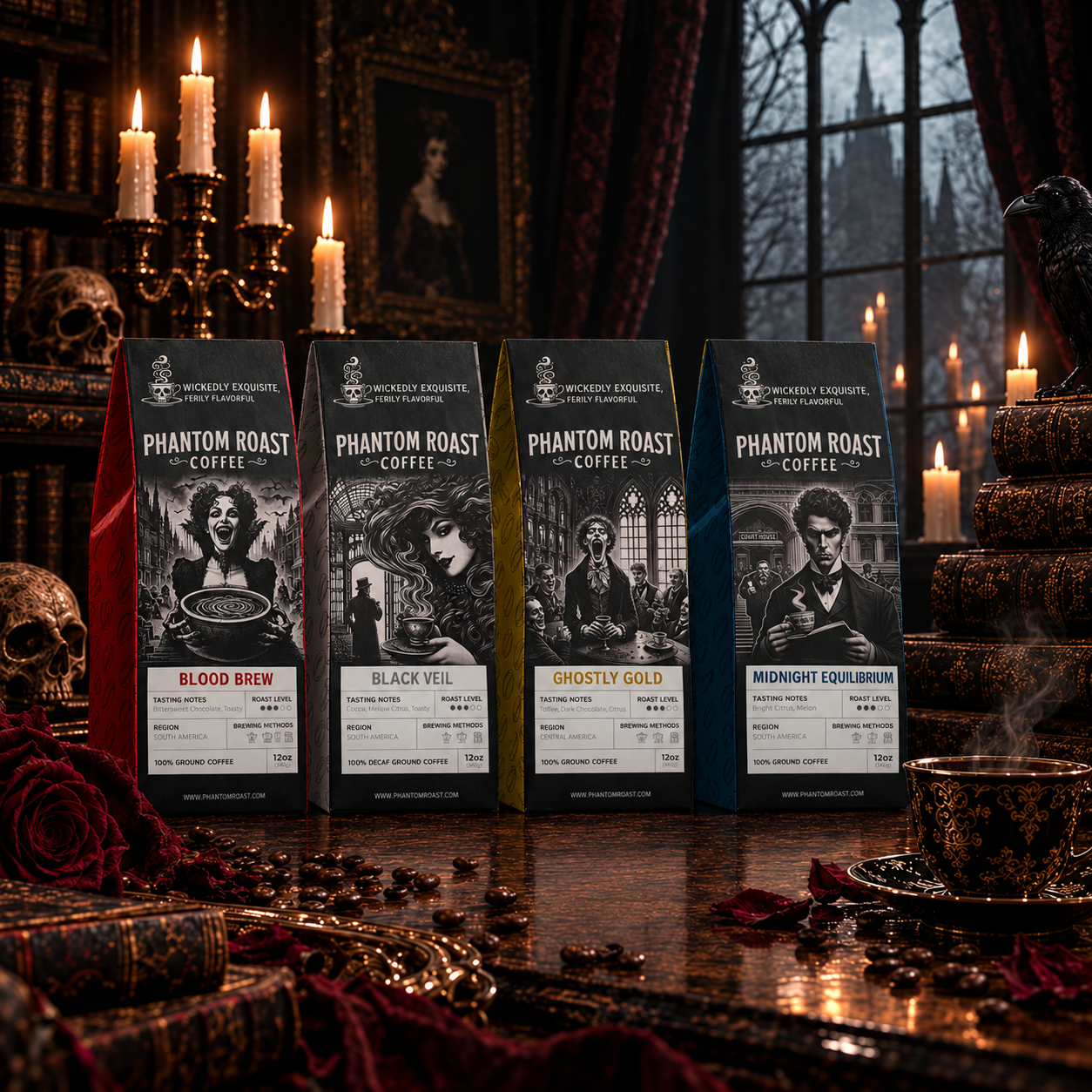 Phantom Roast Coffee collection of illustrated packages